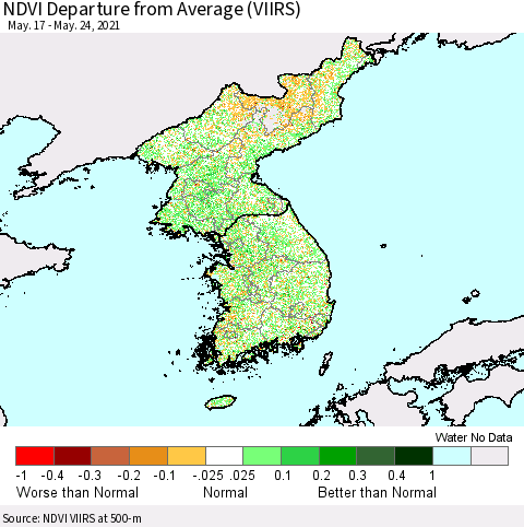 Korea NDVI Departure from Average (VIIRS) Thematic Map For 5/17/2021 - 5/24/2021