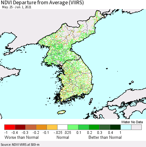 Korea NDVI Departure from Average (VIIRS) Thematic Map For 5/25/2021 - 6/1/2021