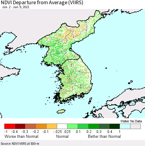 Korea NDVI Departure from Average (VIIRS) Thematic Map For 6/2/2021 - 6/9/2021
