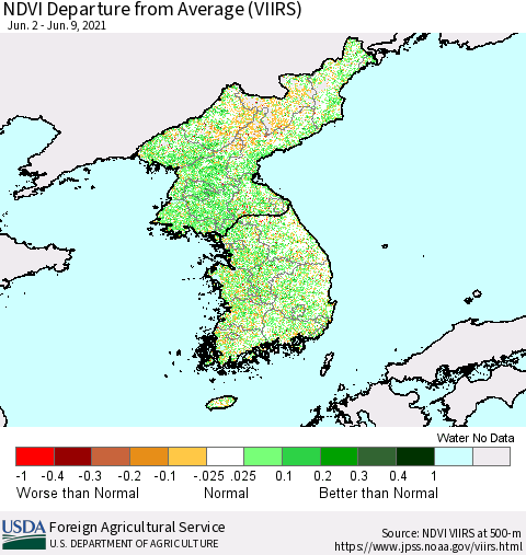 Korea NDVI Departure from Average (VIIRS) Thematic Map For 6/1/2021 - 6/10/2021