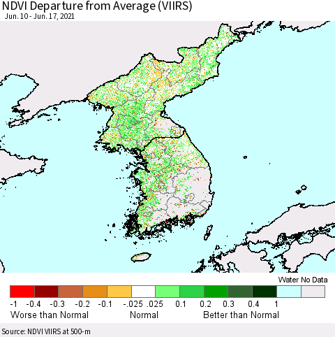 Korea NDVI Departure from Average (VIIRS) Thematic Map For 6/10/2021 - 6/17/2021