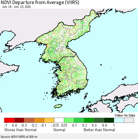 Korea NDVI Departure from Average (VIIRS) Thematic Map For 6/18/2021 - 6/25/2021
