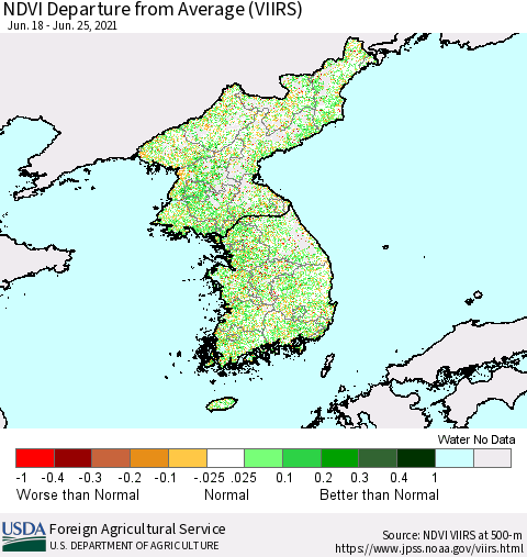 Korea NDVI Departure from Average (VIIRS) Thematic Map For 6/21/2021 - 6/30/2021