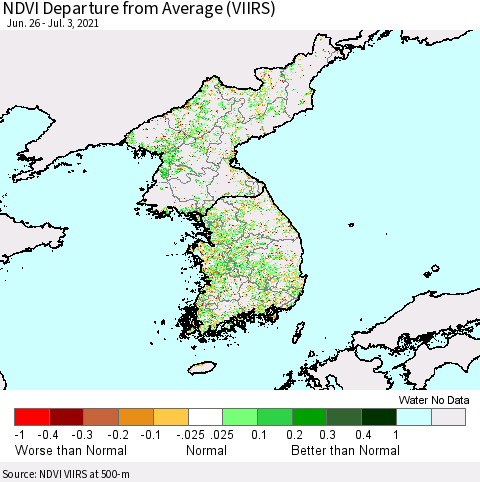 Korea NDVI Departure from Average (VIIRS) Thematic Map For 6/26/2021 - 7/3/2021