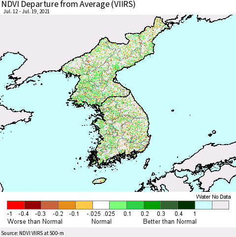 Korea NDVI Departure from Average (VIIRS) Thematic Map For 7/12/2021 - 7/19/2021