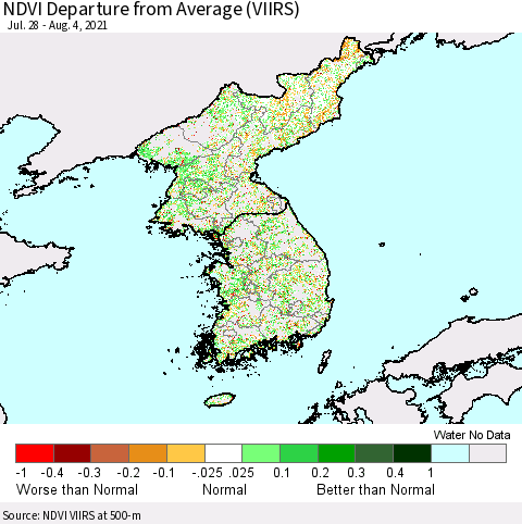 Korea NDVI Departure from Average (VIIRS) Thematic Map For 7/28/2021 - 8/4/2021