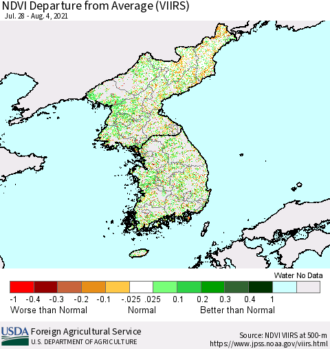 Korea NDVI Departure from Average (VIIRS) Thematic Map For 8/1/2021 - 8/10/2021