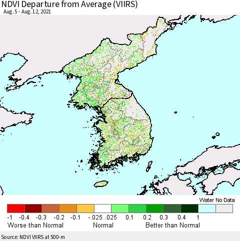 Korea NDVI Departure from Average (VIIRS) Thematic Map For 8/5/2021 - 8/12/2021