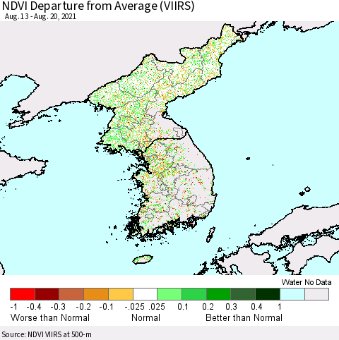 Korea NDVI Departure from Average (VIIRS) Thematic Map For 8/13/2021 - 8/20/2021