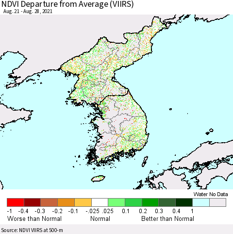 Korea NDVI Departure from Average (VIIRS) Thematic Map For 8/21/2021 - 8/28/2021