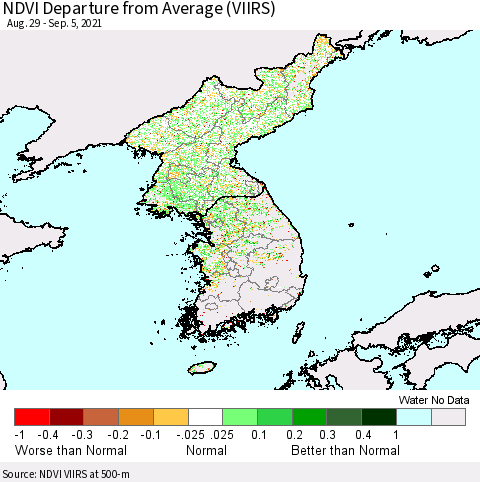 Korea NDVI Departure from Average (VIIRS) Thematic Map For 8/29/2021 - 9/5/2021