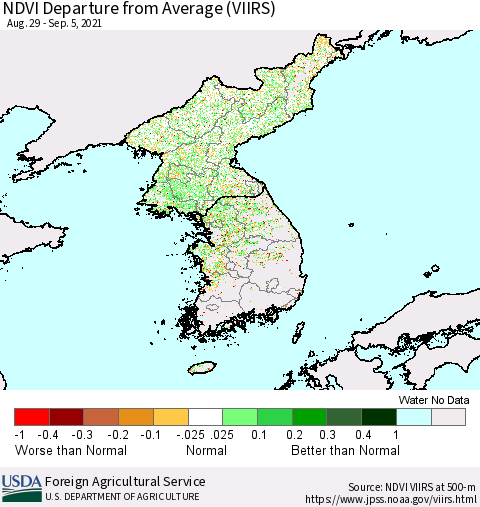 Korea NDVI Departure from Average (VIIRS) Thematic Map For 9/1/2021 - 9/10/2021