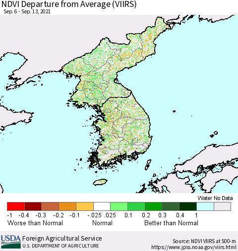 Korea NDVI Departure from Average (VIIRS) Thematic Map For 9/11/2021 - 9/20/2021