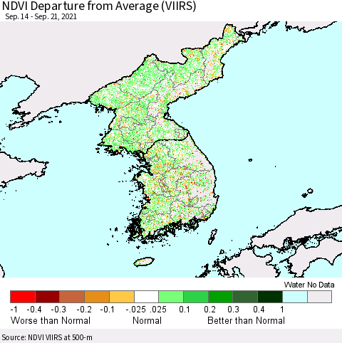 Korea NDVI Departure from Average (VIIRS) Thematic Map For 9/14/2021 - 9/21/2021