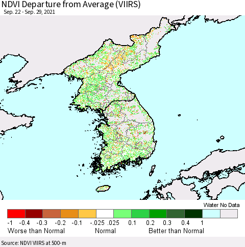 Korea NDVI Departure from Average (VIIRS) Thematic Map For 9/22/2021 - 9/29/2021
