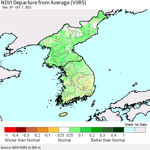 Korea NDVI Departure from Average (VIIRS) Thematic Map For 9/30/2021 - 10/7/2021