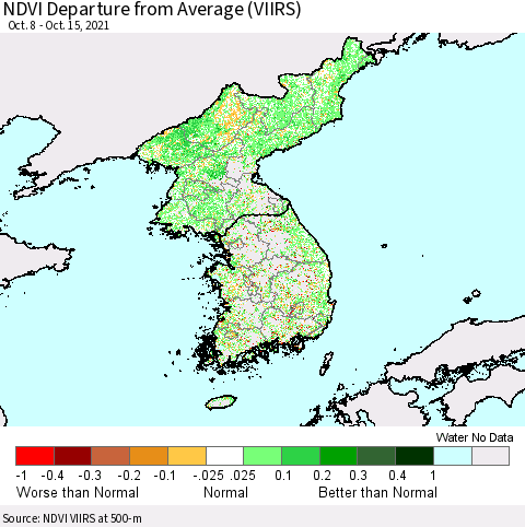 Korea NDVI Departure from Average (VIIRS) Thematic Map For 10/8/2021 - 10/15/2021
