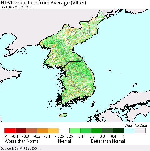 Korea NDVI Departure from Average (VIIRS) Thematic Map For 10/16/2021 - 10/23/2021