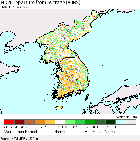 Korea NDVI Departure from Average (VIIRS) Thematic Map For 11/1/2021 - 11/8/2021