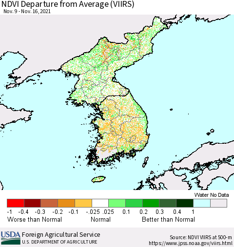 Korea NDVI Departure from Average (VIIRS) Thematic Map For 11/11/2021 - 11/20/2021