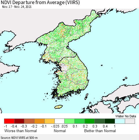 Korea NDVI Departure from Average (VIIRS) Thematic Map For 11/17/2021 - 11/24/2021