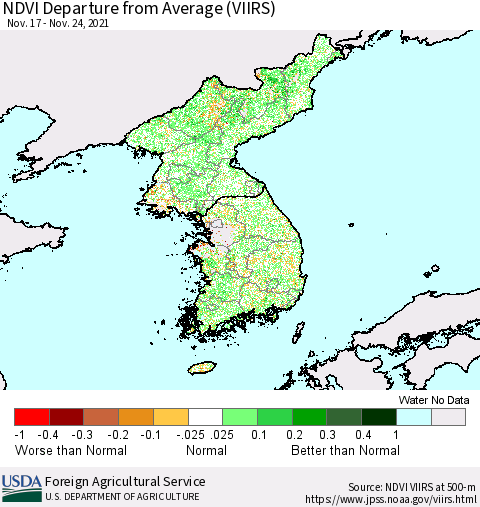 Korea NDVI Departure from Average (VIIRS) Thematic Map For 11/21/2021 - 11/30/2021