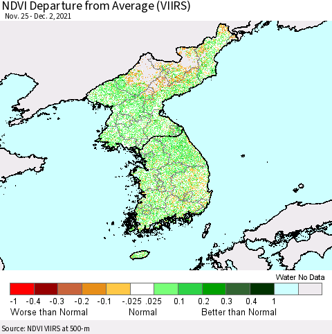 Korea NDVI Departure from Average (VIIRS) Thematic Map For 11/25/2021 - 12/2/2021
