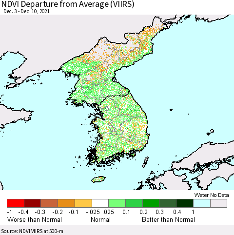 Korea NDVI Departure from Average (VIIRS) Thematic Map For 12/1/2021 - 12/10/2021