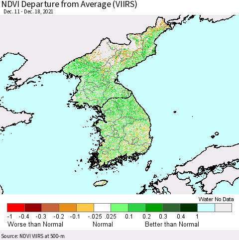 Korea NDVI Departure from Average (VIIRS) Thematic Map For 12/11/2021 - 12/18/2021