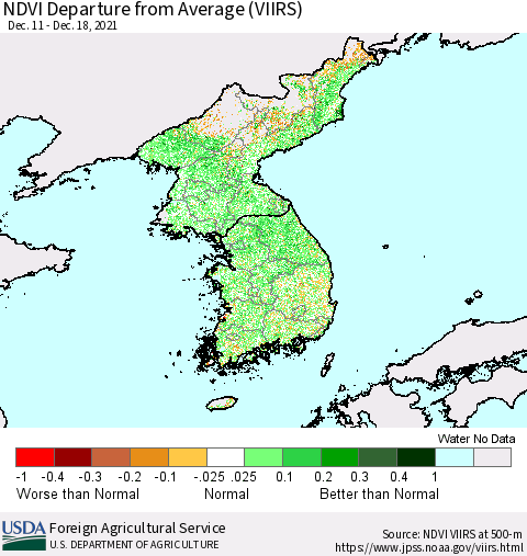 Korea NDVI Departure from Average (VIIRS) Thematic Map For 12/11/2021 - 12/20/2021