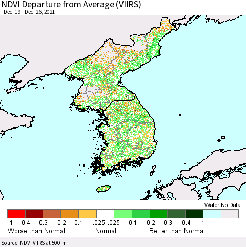 Korea NDVI Departure from Average (VIIRS) Thematic Map For 12/19/2021 - 12/26/2021
