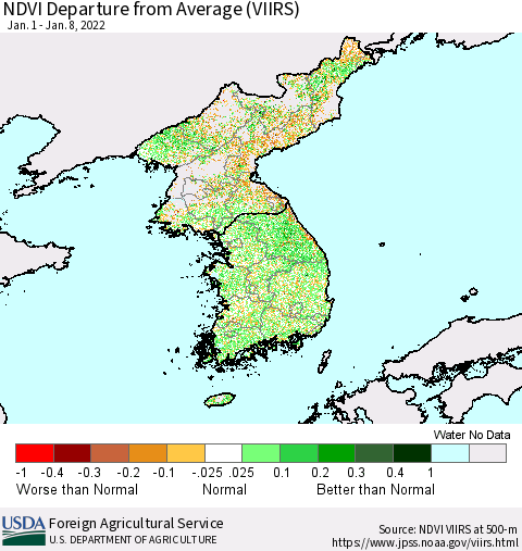 Korea NDVI Departure from Average (VIIRS) Thematic Map For 1/1/2022 - 1/10/2022