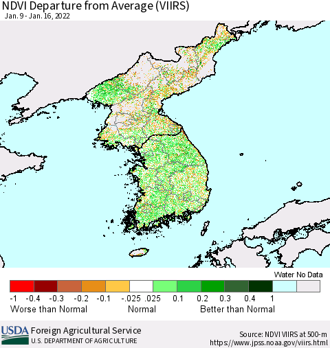 Korea NDVI Departure from Average (VIIRS) Thematic Map For 1/11/2022 - 1/20/2022