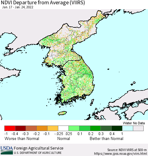 Korea NDVI Departure from Average (VIIRS) Thematic Map For 1/21/2022 - 1/31/2022