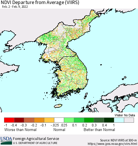 Korea NDVI Departure from Average (VIIRS) Thematic Map For 2/1/2022 - 2/10/2022