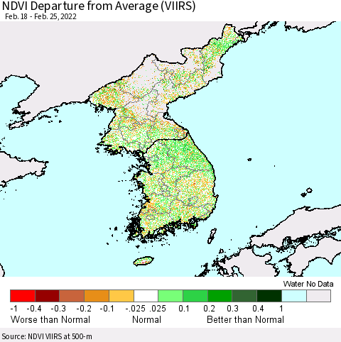 Korea NDVI Departure from Average (VIIRS) Thematic Map For 2/18/2022 - 2/25/2022