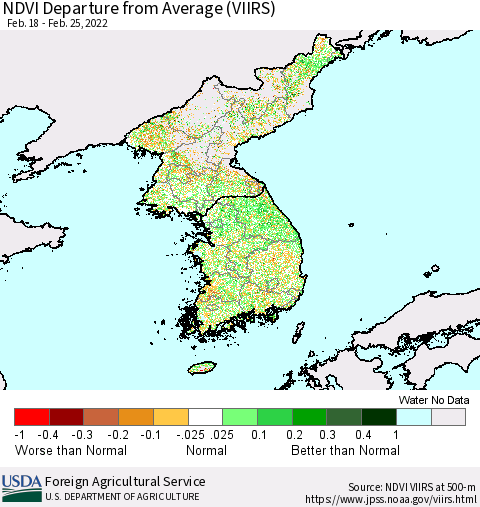 Korea NDVI Departure from Average (VIIRS) Thematic Map For 2/21/2022 - 2/28/2022