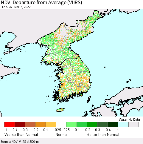 Korea NDVI Departure from Average (VIIRS) Thematic Map For 2/26/2022 - 3/5/2022