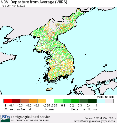 Korea NDVI Departure from Average (VIIRS) Thematic Map For 3/1/2022 - 3/10/2022