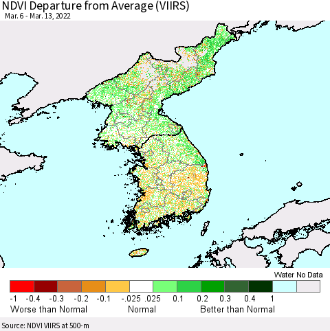 Korea NDVI Departure from Average (VIIRS) Thematic Map For 3/6/2022 - 3/13/2022