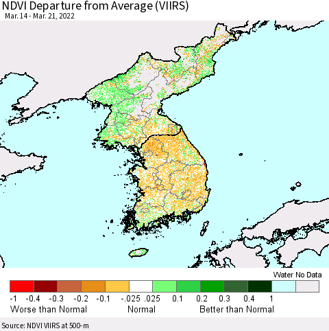 Korea NDVI Departure from Average (VIIRS) Thematic Map For 3/14/2022 - 3/21/2022