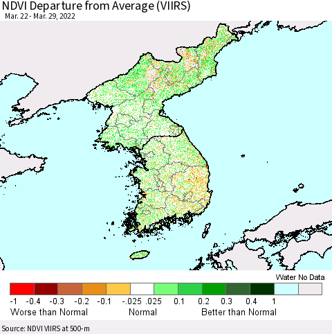 Korea NDVI Departure from Average (VIIRS) Thematic Map For 3/22/2022 - 3/29/2022