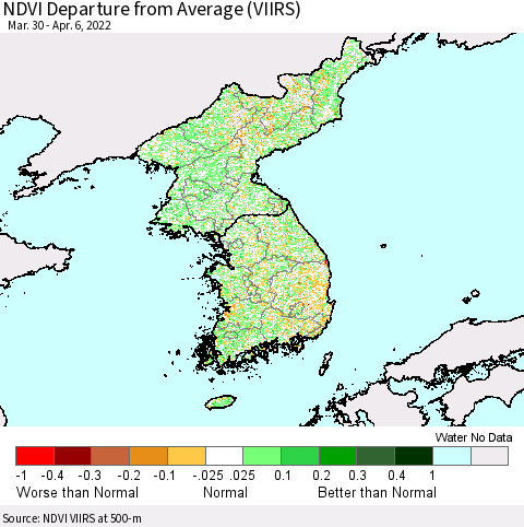 Korea NDVI Departure from Average (VIIRS) Thematic Map For 3/30/2022 - 4/6/2022