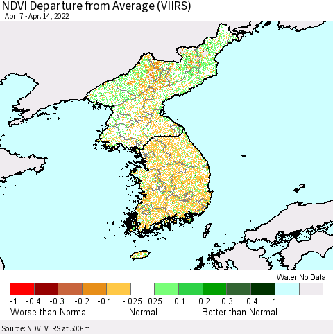 Korea NDVI Departure from Average (VIIRS) Thematic Map For 4/7/2022 - 4/14/2022