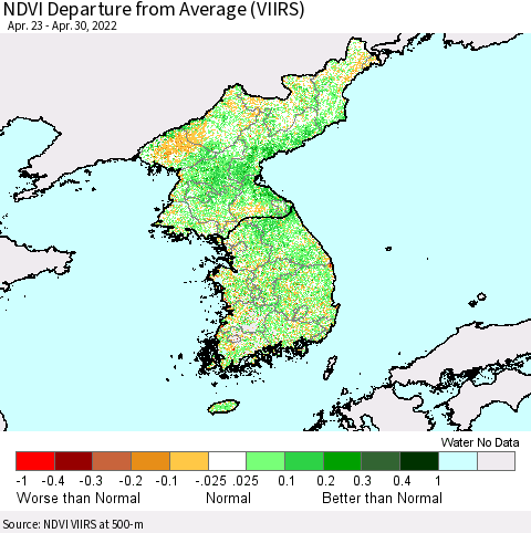 Korea NDVI Departure from Average (VIIRS) Thematic Map For 4/21/2022 - 4/30/2022