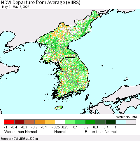 Korea NDVI Departure from Average (VIIRS) Thematic Map For 5/1/2022 - 5/8/2022