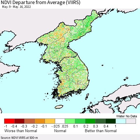 Korea NDVI Departure from Average (VIIRS) Thematic Map For 5/9/2022 - 5/16/2022