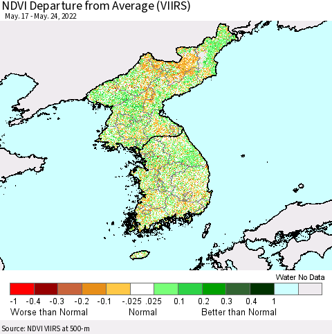 Korea NDVI Departure from Average (VIIRS) Thematic Map For 5/17/2022 - 5/24/2022