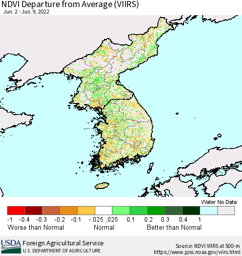 Korea NDVI Departure from Average (VIIRS) Thematic Map For 6/1/2022 - 6/10/2022