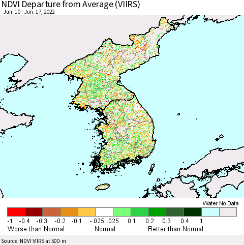 Korea NDVI Departure from Average (VIIRS) Thematic Map For 6/10/2022 - 6/17/2022